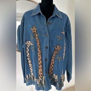 Vintage 90s Denim Giraffe Appliqué Shirt Jacket 2X Novelty Animal Shacket